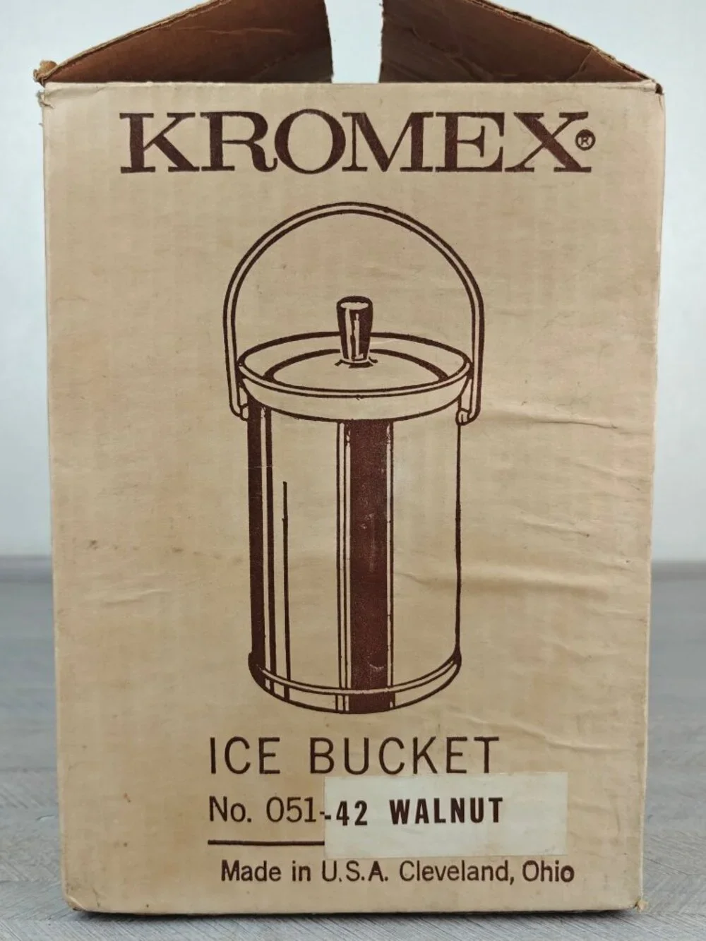 Vintage Kromex Chrome & Woodgrain Ice Bucket With Lid & Tongs Mid-Century Modern